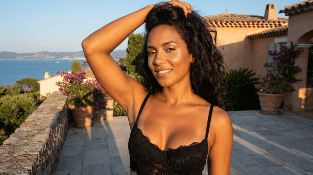 A smiling woman with curly dark hair wearing a black lace top poses on a terrace overlooking the sea at sunset.