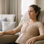 A professional editorial-style photograph, captured with a high-fidelity 85mm prime lens to achieve a shallow depth of field that isolates the subject. The image quality is hyper-realistic, rendered in 8k clarity, showcasing a calm woman in a post-surgical setting. Soft, diffuse natural window lighting emanates from the left, creating gentle gradients and a serene atmosphere, avoiding harsh shadows. The subject is seated in a neutral-toned armchair, her posture relaxed yet composed, wearing a beige compression garment with precise, flat-lock seaming designed for medical support. Her skin texture is natural and clear, illuminated with a soft, clean luminescence. The background consists of a thoughtfully composed, muted clinical interior, featuring soft-textured upholstery and blurred hospital equipment that suggests a tranquil, recovery-focused environment. The overall aesthetic is clinical yet warm, prioritizing comfort and clean, modern professionalism.